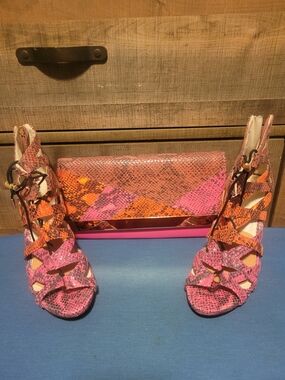 Aldo Pink and Orange Snake-Print Heels and Clutch